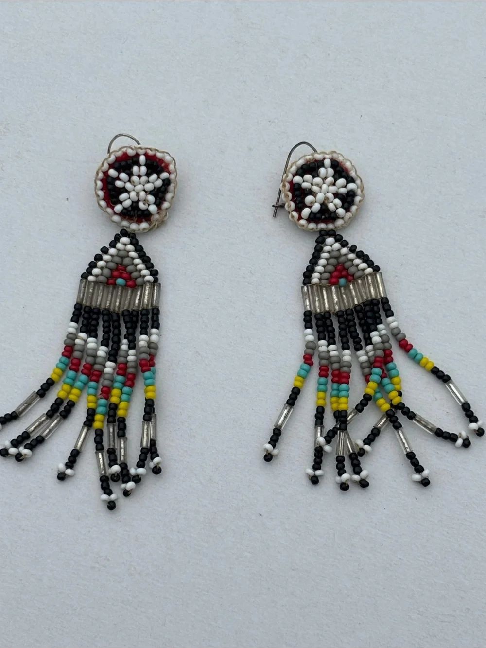 Vintage Native American Beaded Dangle Earrings Seed Bead Fringe Leather Backing